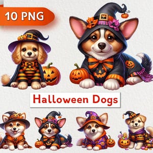 10 Aquarell Halloween Hunde Clipart Bundle, süße Halloween Hunde PNG, Tiere PNG, Halloween Welpen, kommerzielle Nutzung