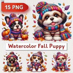 Könnte beinhalten: Aquarell-Illustration von vier niedlichen Welpen, die Herbst-Schals und Hüte tragen. Die Welpen sind von Herbstblättern und Kürbissen umgeben. Der Text "Watercolor Fall Puppy" wird unter dem Bild angezeigt.