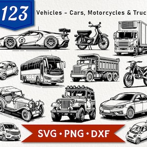 May include: A set of 12 black and white vector illustrations of various vehicles, including a car, bus, lorry, motorcycle, and jeep. The image includes the text "123 Vehicles - Cars, Motorcycles & Trucks" and "SVG PNG DXF".
