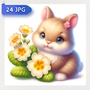 24 lindo conejito con flores, imágenes prediseñadas de conejos, imágenes prediseñadas de conejitos florales, JPG de alta calidad, imágenes prediseñadas imprimibles, descarga digital, scrapbooking