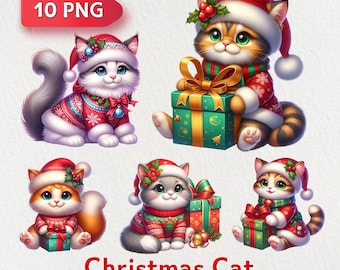 10 Christmas Cats Clipart Bundle, PNG Animals, Christmas Kittens, Commercial Use