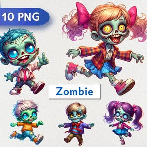 10 Halloween Zombie Clipart, Card Making, Digital Crafting, Halloween Zombie Character Clipart Bundle Sublimation Png, Cute Zombie Designs