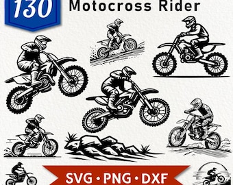 130 Motocross Rider Illustrations: SVG, PNG, DXF (Digital Download)