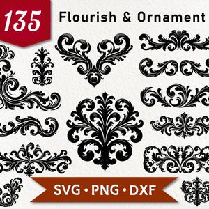 Blomstra & Ornament SVG Bundle -135 Vintage Scrollwork Vector Set, Damast Dekorativa Element, DXF, PNG