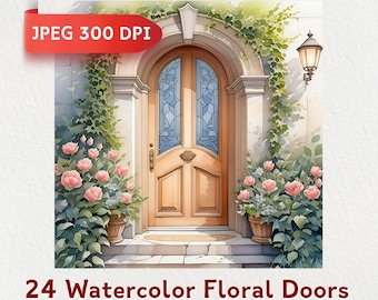 "Aquarell ""Cottage Door"" Clipart: 24 florale Illustrationen (digitaler Download)"