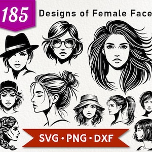 185 modèles de visages féminins SVG, SVG visage de femme, femme Svg, Bundle Svg femme, Silhouette femme, fichier de coupe pour Cricut, Clipart vectoriel