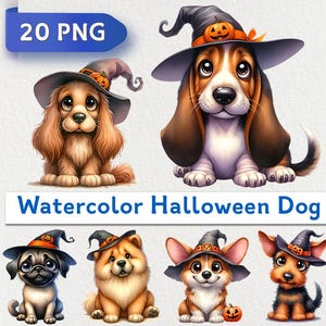 Aquarell Halloween Welpe Clipart: Hunderassen PNG Bundle (20 Dateien)