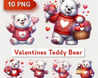 Valentines Teddy Bear Clipart Bundle – 10 PNG Files, Love Bears Illustration, Instant Download