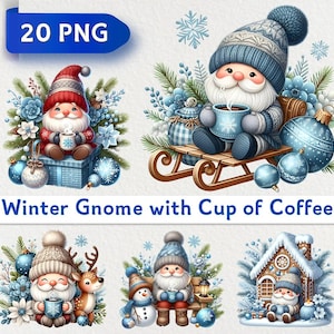 20 Winter Gnome PNG, Christmas Gnome Clipart, Gnome Cup of Coffee, Gnome Xmas Clipart, Cozy Winter Festive, Card Making, Digital Paper Craft