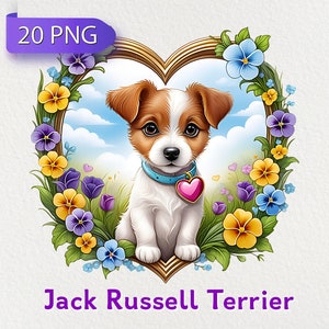 20 Paquete de imágenes prediseñadas de Jack Russell Terrier, Ilustración de un Jack Russell Terrier en un corazón, Ilustraciones de cachorros lindos, Producto digital de imágenes prediseñadas