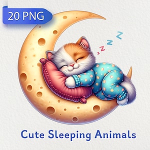 20 süße schlafende Tiere Clipart Bundle, schläfrige Kätzchen, schlafende Tiere im Pyjama auf dem Halbmond, süße Katzen Illustration, Katzen PNG