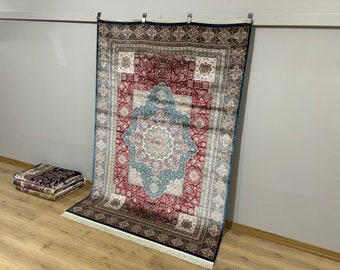 5x8 Oriental Carpet, Bamboo Silk Rug, Turkish Red Blue Rug, 5x8 Silk Rug, Unique Red Carpet, Turkish Oriental Rug, Soft Red Blue Rug,5x8 Rug