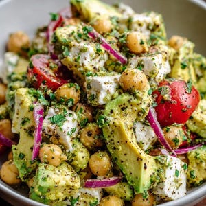 Può includere: Un'insalata colorata in una ciotola bianca, con avocado, formaggio bianco, ceci, cipolla rossa e pomodori rossi tagliati a metà. Gli ingredienti sono ricoperti da un condimento verde e guarniti con erbe fresche.