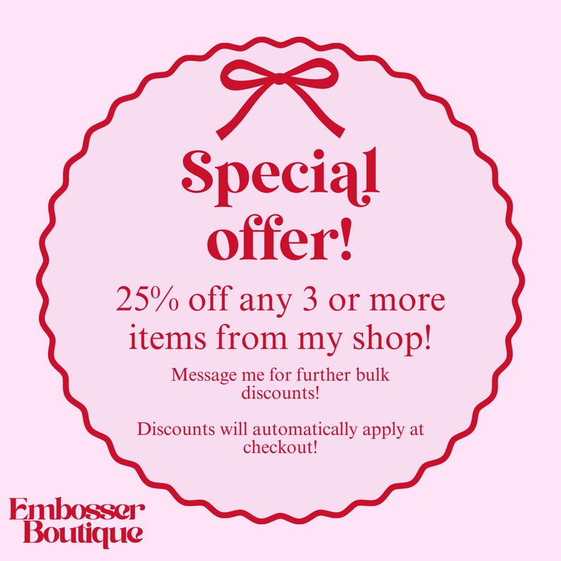 Image showing that a 25% off discount is available when ordering 3 or more items from the Embosser Boutique Etsy shop for stamps or cutters or polka dot or clear biscuit bags for biscuit favours with the m&s all butter biscuits