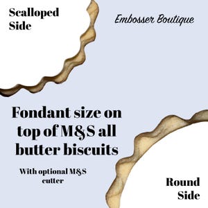 ready to roll fondant sizes for M&S all butter biscuits Scalloped round biscuit edges Fondant size on top of M&S all butter biscuits M&S cutter Scalloped Side Round Side Embosser Boutique M&S biscuit size cutter for M&S biscuits what size are M&S all butter biscuits marks and Spencer’s biscuit hack viral favour stamp what size are viral M&S cookies wedding birthday logo business cookies diy stamp stamper for Marks & Spencer’s all butter biscuits cookie press personalised name date age any text