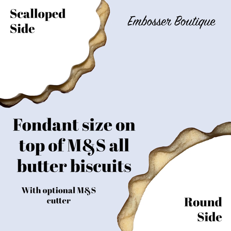 ready to roll fondant sizes for M&S all butter biscuits Scalloped round biscuit edges Fondant size on top of M&S all butter biscuits M&S cutter Scalloped Side Round Side Embosser Boutique M&S biscuit size cutter for M&S biscuits what size are M&S all butter biscuits marks and Spencer’s biscuit hack viral favour stamp what size are viral M&S cookies wedding birthday logo business cookies diy stamp stamper for Marks & Spencer’s all butter biscuits cookie press personalised name date age any text