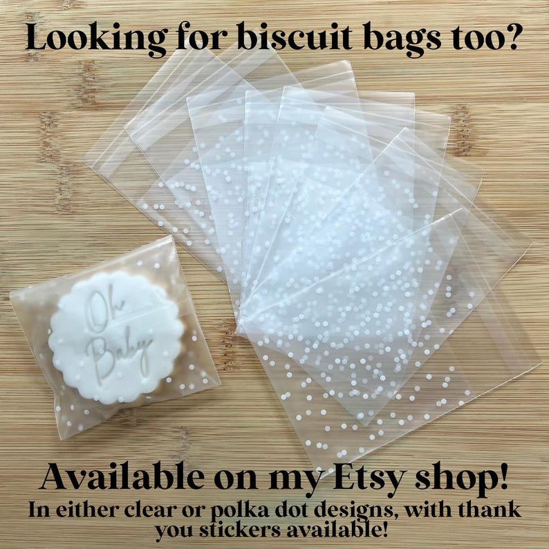 M&S biscuit hack sized cellophane bags, polka dot or clear design, size of all butter biscuits from Marks and Spencer and made from a thick material and self sealing