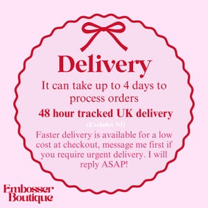 Tracked delivery on M&S cookie stamps, text saying that it can take up to 4 days to process orders, express delivery is available for our stamps, such as the M&S all butter biscuit size stamps and cutters for fast delivery