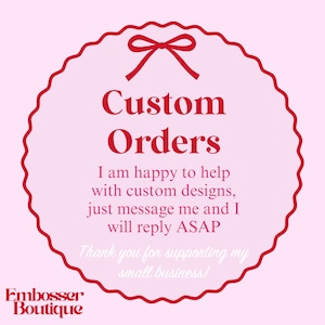 Image with text saying that we are happy to help with custom orders for personalised cookie stamps with logos for example