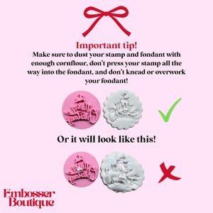 How to use a cookie stamp for the size of the M&S all butter biscuits, images showing good and bad examples of how the stamp has been used on fondant