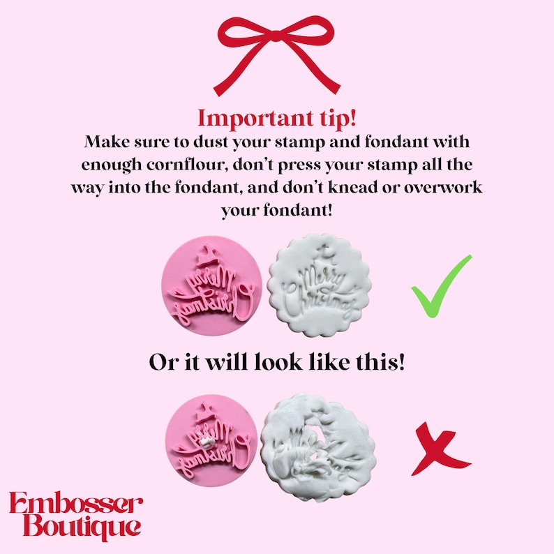 How to use a cookie stamp for the size of the M&S all butter biscuits, images showing good and bad examples of how the stamp has been used on fondant