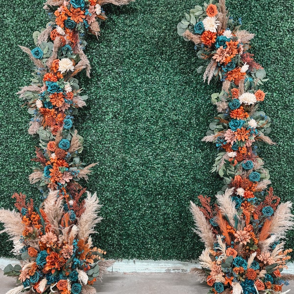 Burnt Orange and Teal Eucalyptus and Pampas Wedding Arch Arrangement Flowers, Boho Fall Flowers Backdrop Decor, Customizable Wedding Decor