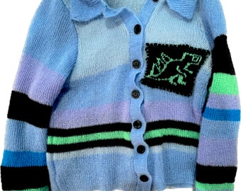 Camisa Mohair multicolor hecha a mano con parche de dinosaurio bordado Hombre EE.UU. Medio