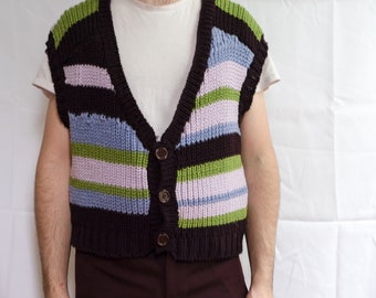 Chaleco multicolor de calibre voluminoso (costilla inglesa) en lana merino italiana talla masculina EE.UU. mediana