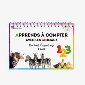 Peut inclure: Un livre d'apprentissage à spirales intitulé "Apprends à Compter Avec Les Animaux". La couverture présente une vache, des zèbres, des canetons et les chiffres 1, 2 et 3. Le livre est destiné aux enfants de 3 à 6 ans.