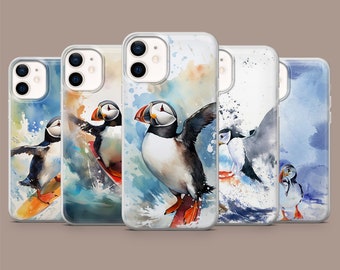 Coque de portable Macareux moine surfeur pour iPhone 15Pro, 14, 13, 12, 11, Pixel 8, 7A, 6A, Samsung Galaxy S24Ultra, S23fe, S22, A54, A34
