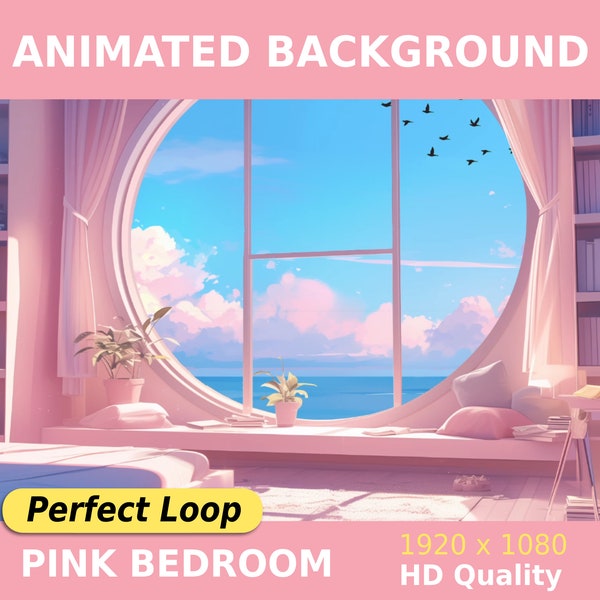 Animated Virtual Background, Pink Bedroom Looped Vtuber Background Twitch Streaming vtuber room Kick Overlay OBS Pastel Clouds Cute