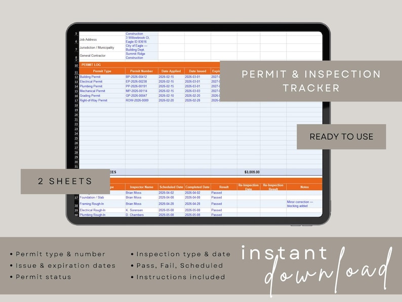 Permit & Inspection Tracker Excel | Construction Permit Log ...