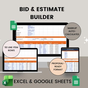 Peut inclure: Un modèle numérique de devis et d'estimation pour Excel et Google Sheets affiché sur un écran d'ordinateur, un ordinateur portable et une tablette. L'interface présente des en-têtes orange, 50 lignes d'articles et des calculs automatiques.