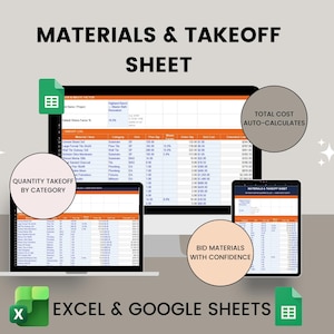 May include: A digital materials and takeoff sheet template for Excel and Google Sheets displayed on a computer monitor, laptop, and tablet. The interface features orange and white spreadsheet rows with text including MATERIALS & TAKEOFF SHEET.