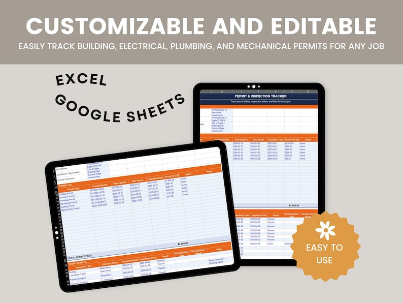 Permit & Inspection Tracker Excel | Construction Permit Log ...