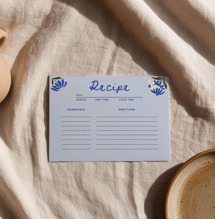 EDITABLE Recipe Card Template, Floral Print Recipe Card, Digital Recipe ...