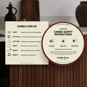 Bewerkbare onderhoudskaart kaarsen en bundel veiligheidsstickers, sjabloon voor modern kaarsonderhoud, veiligheidsinstructies kaars, visitekaartje onderhoudskaart kaars