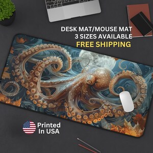 Octopus Desk Mat, Celestial Nautical Mousepad, Octopi Moon, Artistic Gamer Pad, Unique Ocean Desk Accessory, Gift for Gamers Son Him Her