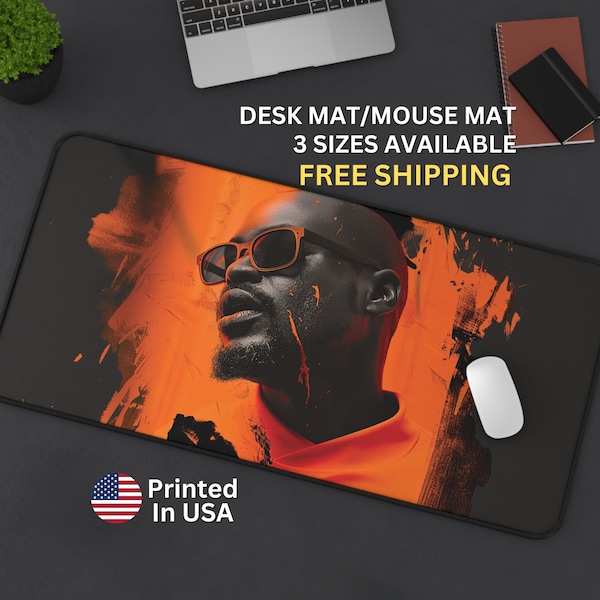 Abstract Artistic Portrait Desk Mat, Modern Orange and Black Mouse Pad, Urban Style Office Accessory, Cool Desk Decor, Artsy Gift