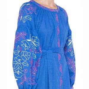 Blue White Embroidered Floral Linen Boho Dress, Ukrainian Handmade Vyshyvanka, Bohemian Summer Long Kaftan - READY TO SHIP!
