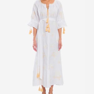 Boho White Beige Embroidered Linen Dress, Ukrainian Handmade Vyshyvanka, Bohemian Summer Long Kaftan Robe - READY TO SHIP!