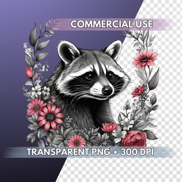 PA65 Raccoon Portrait Floral Accents PNG - Digital Download Commercial Use Printable Sublimation AI Art Print Design Transparent Background