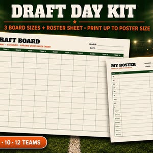 May include: A Draft Day Kit featuring a large draft board with 10 teams and 15 rounds, and a My Roster sheet. The board includes columns for teams and rows for rounds, with text indicating snake order. The kit supports 8, 10, or 12 teams.