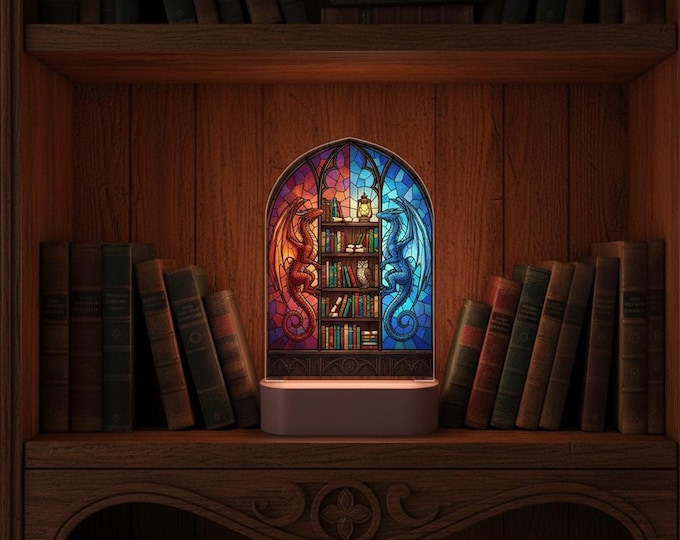 Dragon Guarded Library Night Light, Gift for Book Reader Fans, Christmas Gift, Colors Changing, Birthday Gift