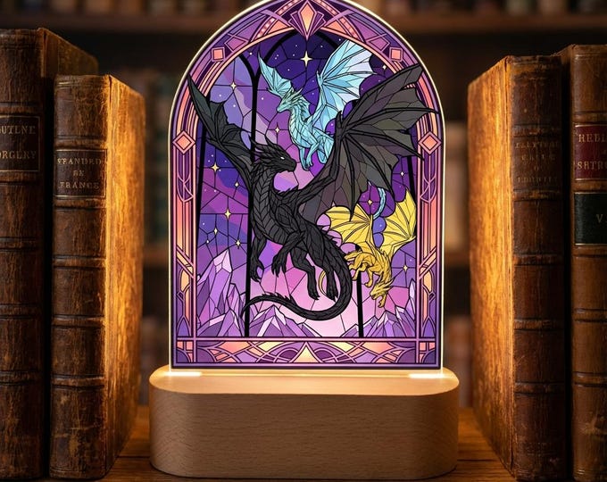 Dragon Guarded Library Night Light Lamp, Gift for Wings Book Reader Fans, Christmas Gift, Colors Changing, Birthday Gift