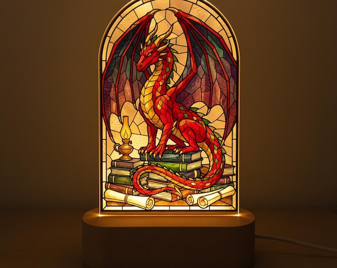 Dragon Guarded Library Night Light Lamp, Gift for Book Reader Fans, Christmas Gift, Colors Changing, Birthday Gift