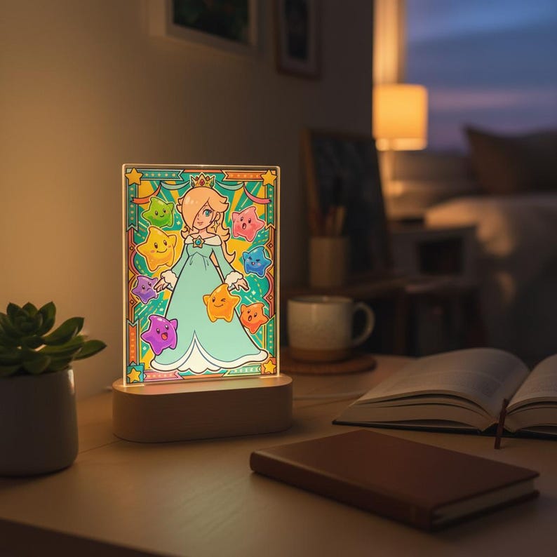 Op de afbeelding: Decoratief nachtlampje met een stripfiguur in een turquoise jurk, omringd door kleurrijke sterren. Het licht staat op een houten voet en is verlicht, waardoor een warme gloed ontstaat. Het ontwerp doet denken aan glas-in-loodkunst.