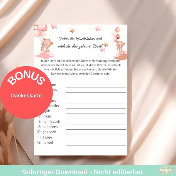 Digital Baby Shower Spiele | Sortiere die Wörter | Sofortiger Download | Baby Shower in Deutsch | Baby Shower Mädchen Alphabet Suppe