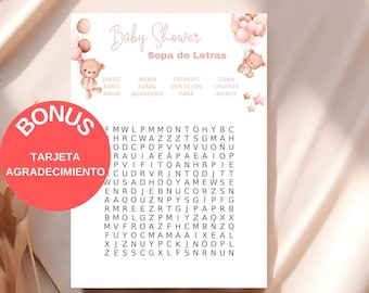 Juegos para Baby Shower de Niña en Español | Imprimible Moderno para Baby shower | Descarga Inmediata | Sopa de letras Baby Shower Niña