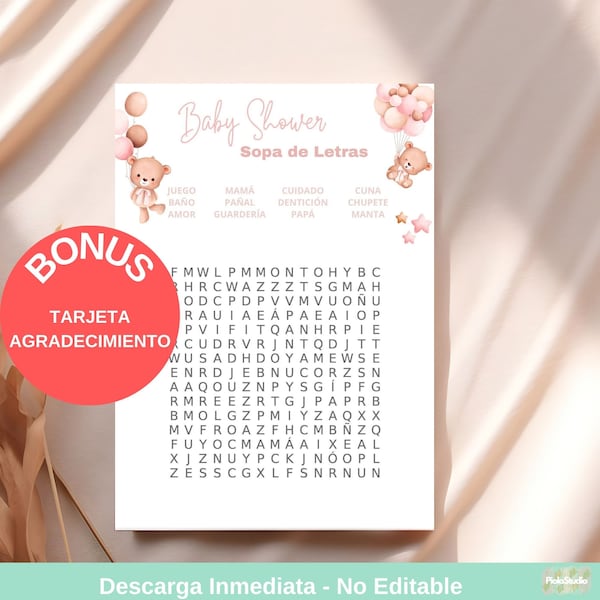 Juegos para Baby Shower de Niña en Español | Imprimible Moderno para Baby shower | Descarga Inmediata | Sopa de letras Baby Shower Niña